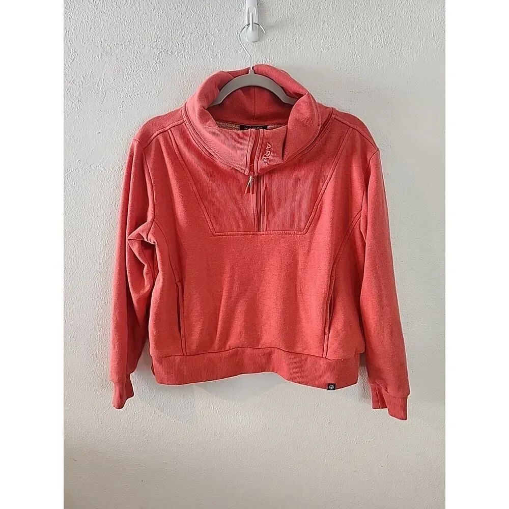 Women’s Small Ariat Sweatshirt Coral Red Pockets Pullover Top Quarter Zip
